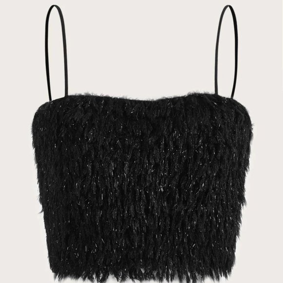 Tops - Womens Y2K Sexy Cute Black Fuzzy Camisole Crop Top - NEW